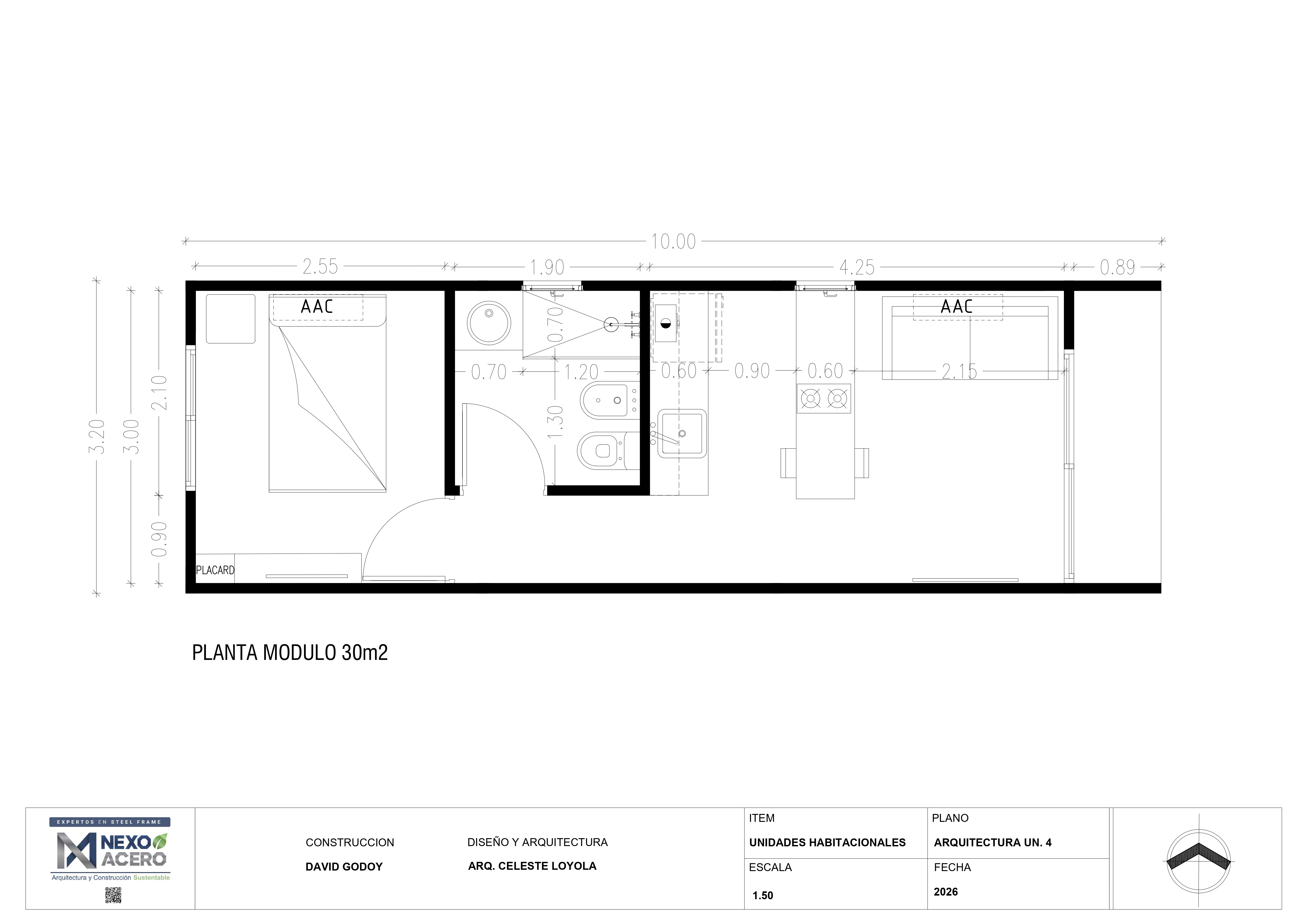 Plano arquitectónico módulo 32 m² Nexo Acero